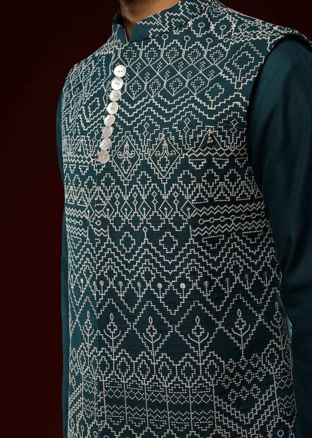 Peacock Blue Nehru Jacket Set With Cream Resham Embroidered Ethnic Design All Over