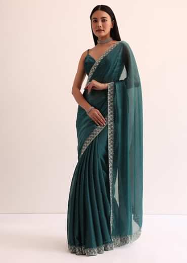 Peacock Blue Organza Saree With Cut Dana Embroidery And Unstitched Blouse