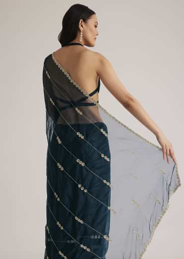 Peacock Blue Organza Saree With Cutdana Embroidery