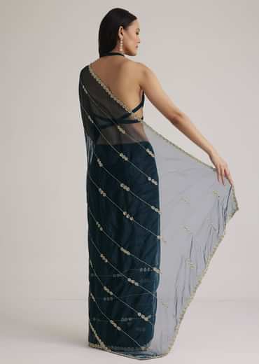 Peacock Blue Organza Saree With Cutdana Embroidery