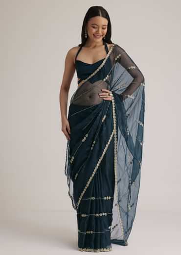 Peacock Blue Organza Saree With Cutdana Embroidery