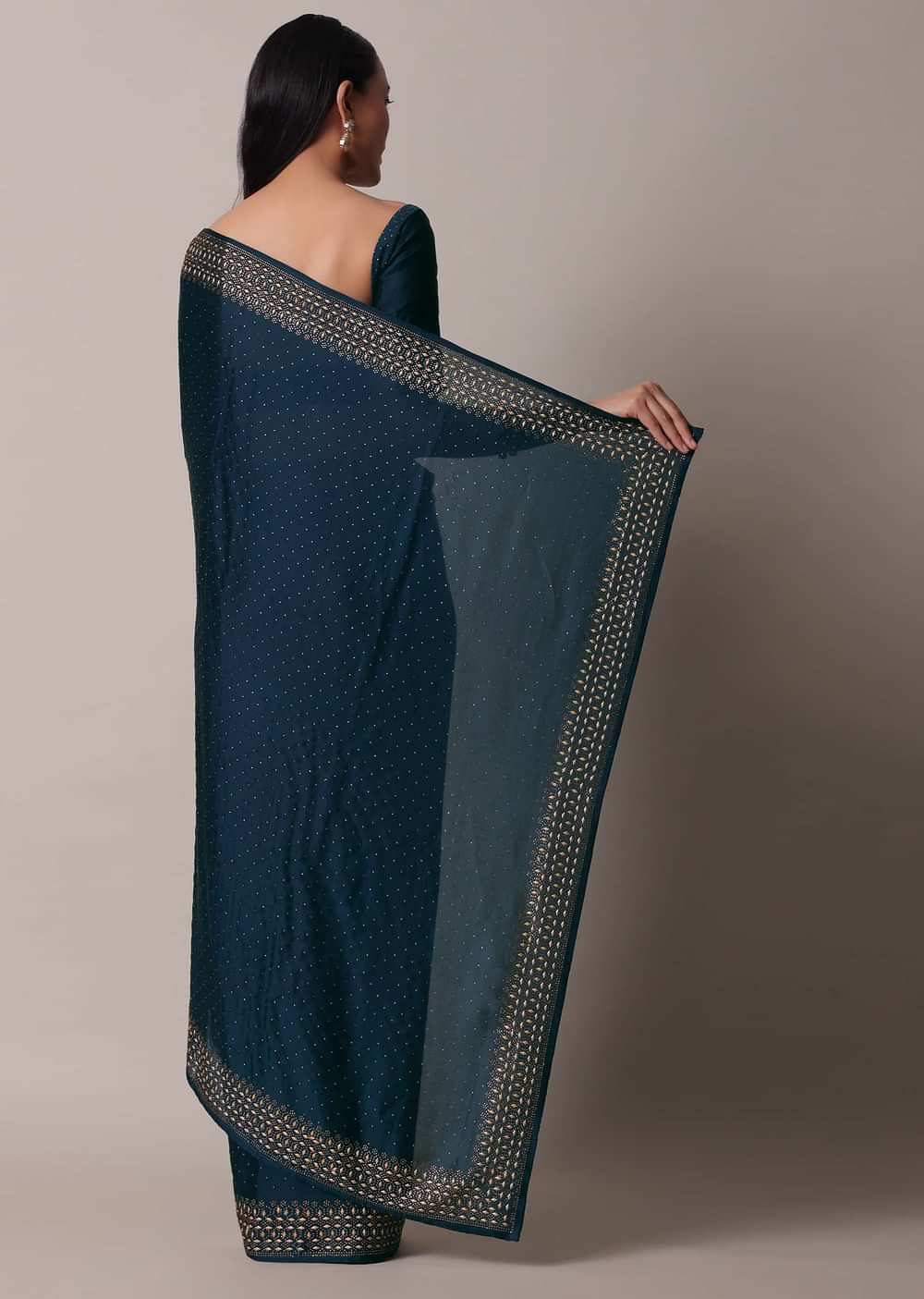 Peacock Blue Saree In Satin With Embellishments And Unstitched Blouse Piece
