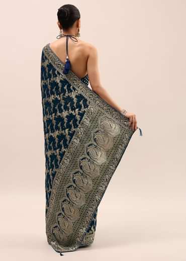 Peacock Blue Saree In Zari Jaal With Unstitched Blouse