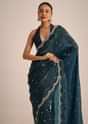 Peacock Blue Tissue Saree With Sequin And Cutdana Border And Unstitched Blouse
