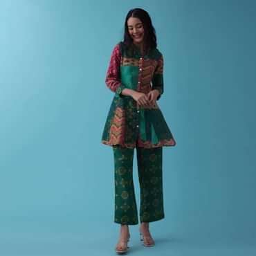 Peacock Green Printed Co-ord Set With Peplum Top In Silk - RE By Kalki