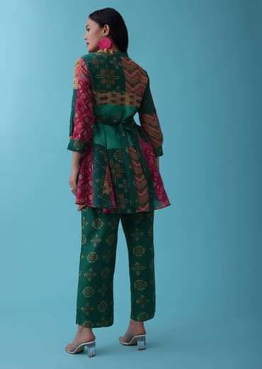 Peacock Green Printed Co-ord Set With Peplum Top In Silk - RE By Kalki