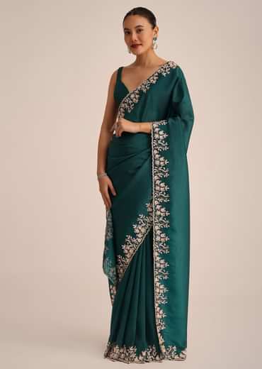 Peacock Green Crushed Tissue Saree With Cutdana And Sequin Border With Unstitched Blouse