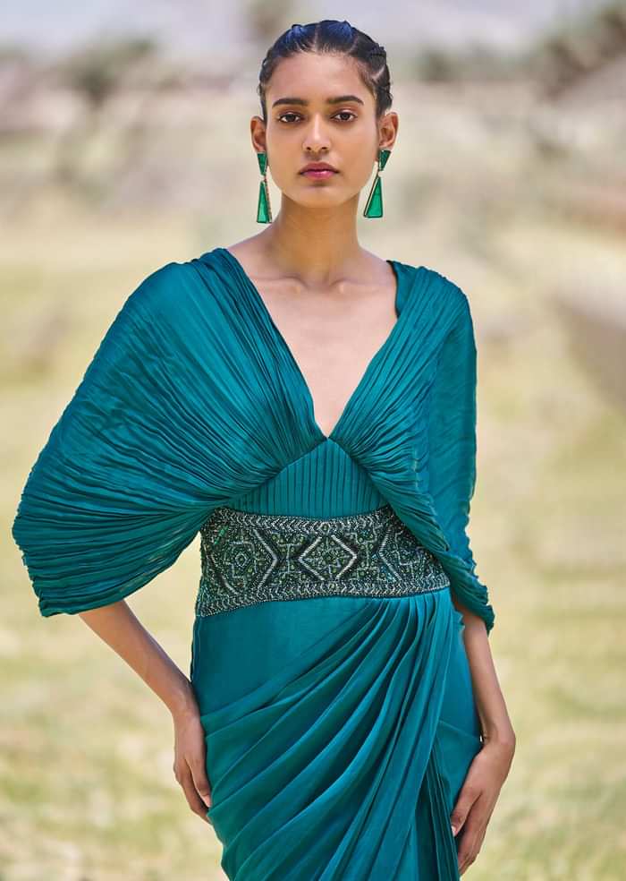 Peacock Green Embroidered Pre Draped Gown With Kimono Sleeves
