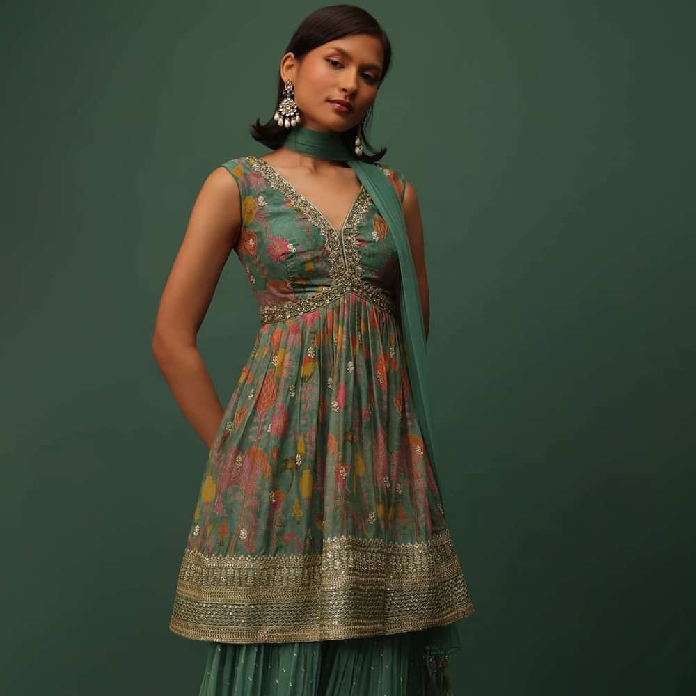 Peacock Green Georgette Sharara And Peplum Top Set With Zari And Cutdana Embroidery