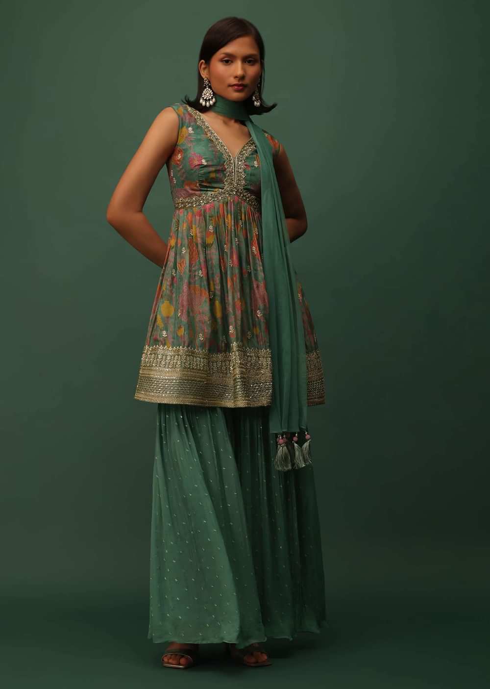 Peacock Green Georgette Sharara And Peplum Top Set With Zari And Cutdana Embroidery