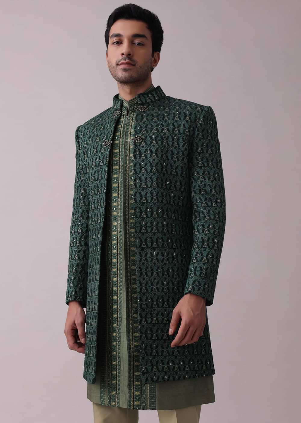 Peacock Green Indowestern Achkan Kurta Set In Raw Silk With Thread Embroidery