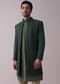 Peacock Green Indowestern Achkan Kurta Set In Raw Silk With Thread Embroidery