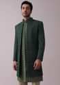 Peacock Green Indowestern Achkan Kurta Set In Raw Silk With Thread Embroidery