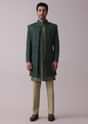Peacock Green Indowestern Achkan Kurta Set In Raw Silk With Thread Embroidery