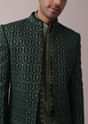 Peacock Green Indowestern Achkan Kurta Set In Raw Silk With Thread Embroidery