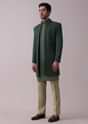 Peacock Green Indowestern Achkan Kurta Set In Raw Silk With Thread Embroidery