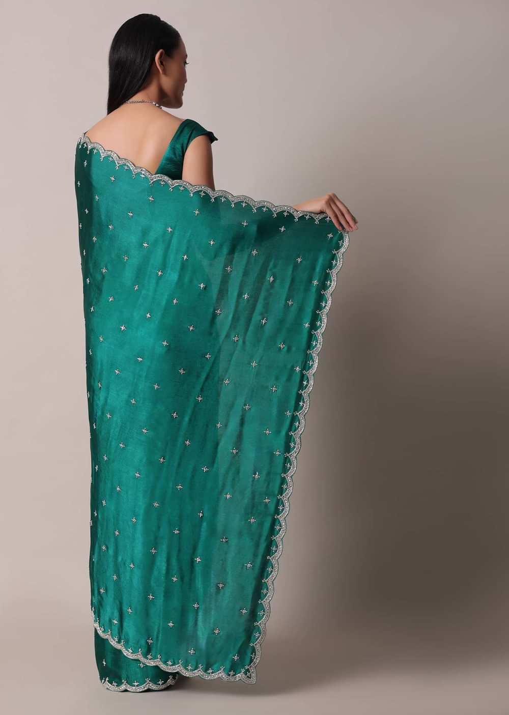 Peacock Green Saree In Satin Chinon With Scallop Border And Unstitched Blouse Piece