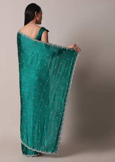 Peacock Green Saree In Satin Chinon With Scallop Border And Unstitched Blouse Piece