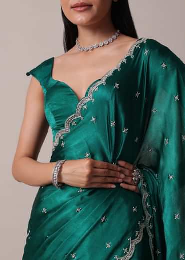 Peacock Green Saree In Satin Chinon With Scallop Border And Unstitched Blouse Piece