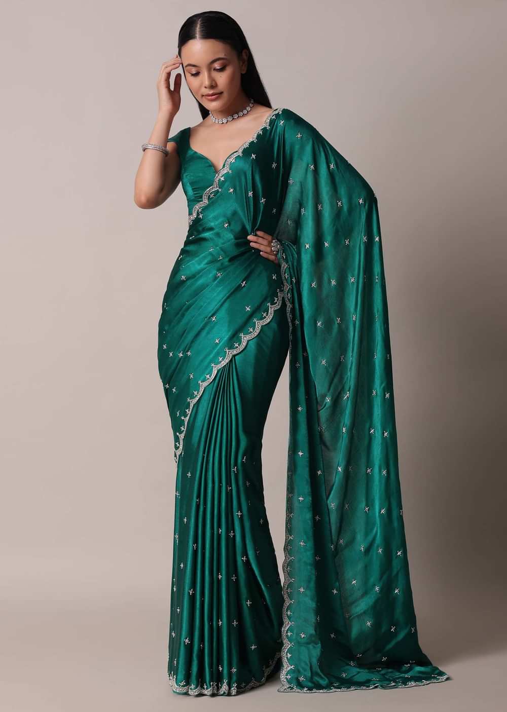 Peacock Green Saree In Satin Chinon With Scallop Border And Unstitched Blouse Piece