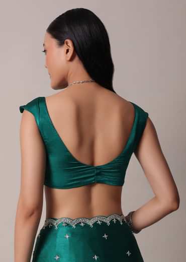 Peacock Green Saree In Satin Chinon With Scallop Border And Unstitched Blouse Piece