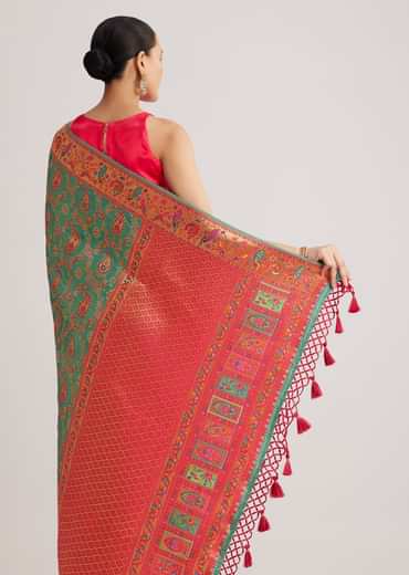 Peacock Green Satin Silk Saree With Jaal Work And Zari Border