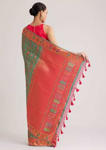 Peacock Green Satin Silk Saree With Jaal Work And Zari Border