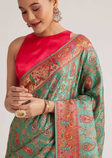 Peacock Green Satin Silk Saree With Jaal Work And Zari Border