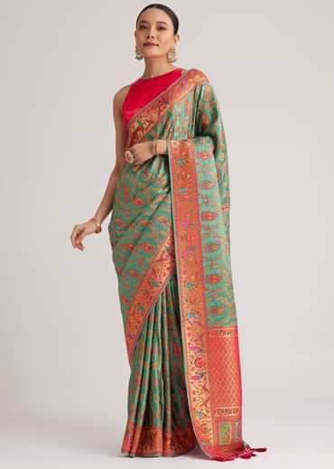 Peacock Green Satin Silk Saree With Jaal Work And Zari Border