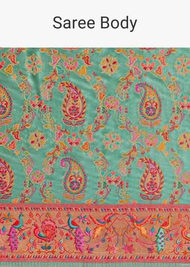 Peacock Green Satin Silk Saree With Jaal Work And Zari Border