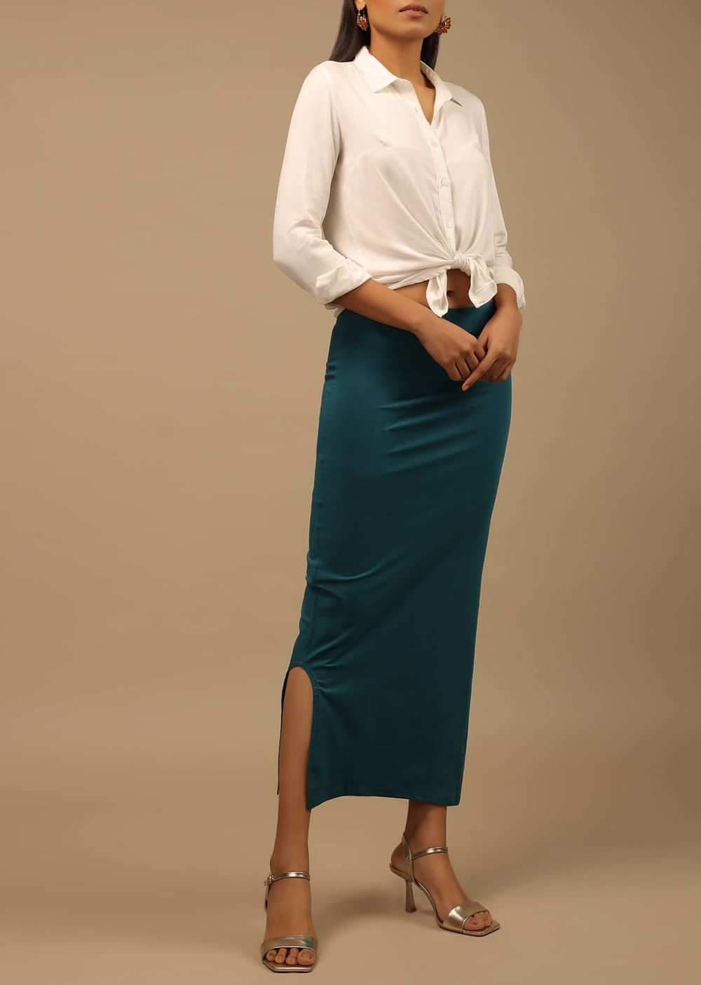 Peacock Green Shapewear Saree Petticoat In Cotton Lycra With Elastic Waistband And Slit
