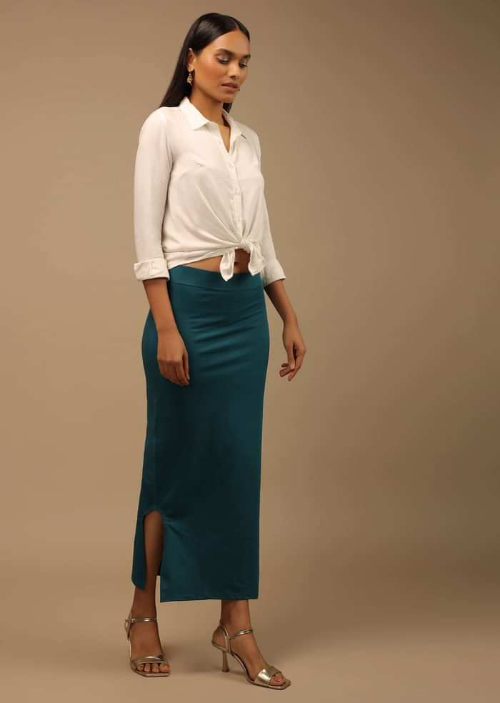 Peacock Green Shapewear Saree Petticoat In Cotton Lycra With Elastic Waistband And Slit