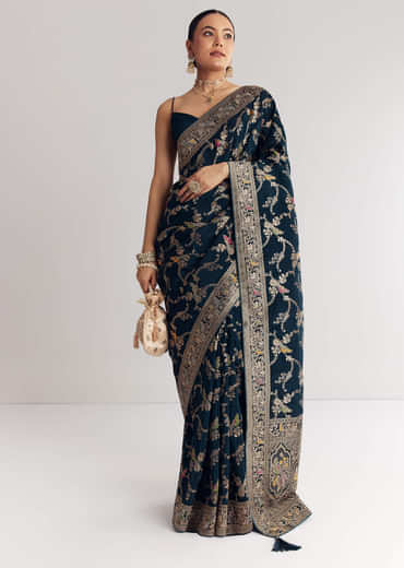 Peacok Blue Saree With Jaal Work And Embellished Stones All Over