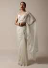 Pearl White Saree In Organza With Foil Printed Buttis And Mirror Work On The Border Along With Unstitched Blouse
