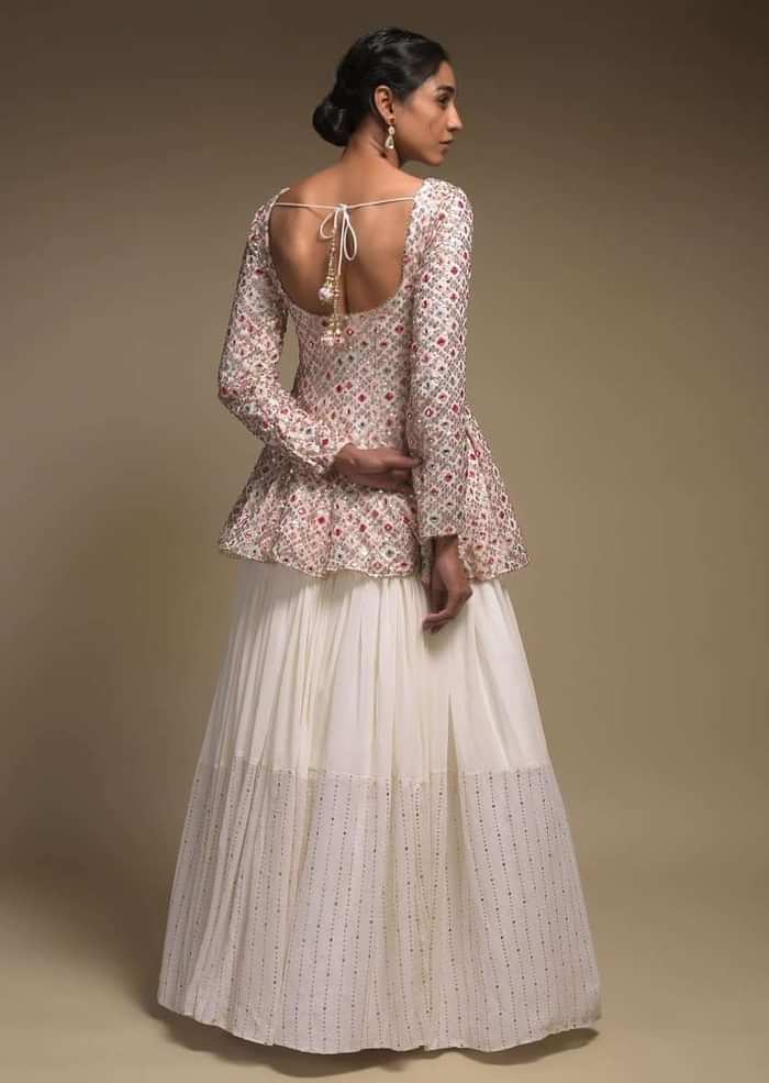Pearl White Skirt And Peplum Top With Colorful Resham And Abla Embroidery