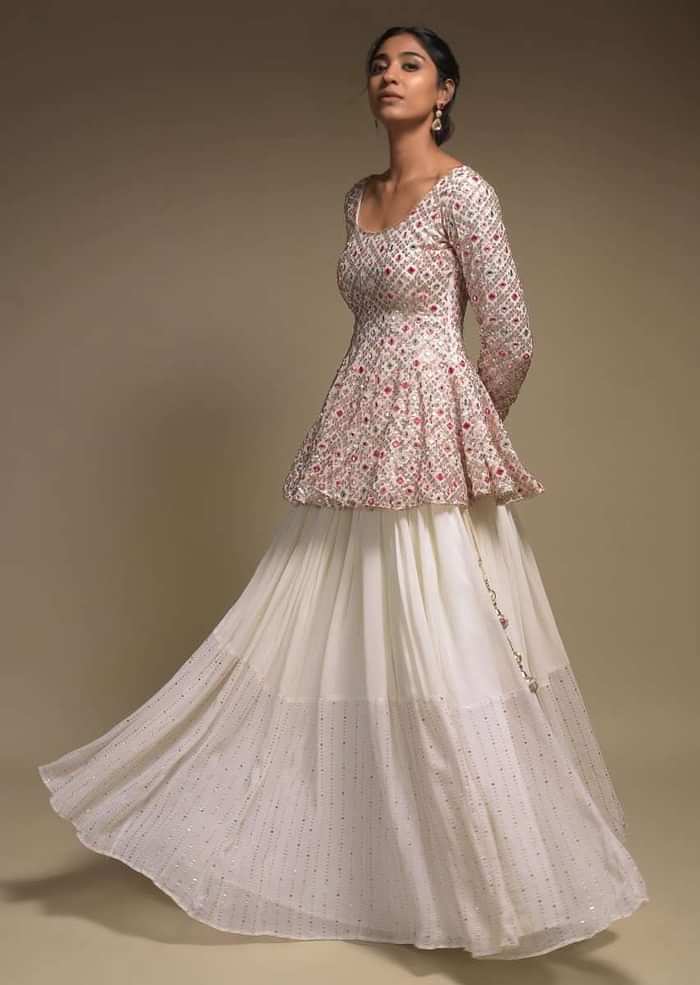 Pearl White Skirt And Peplum Top With Colorful Resham And Abla Embroidery