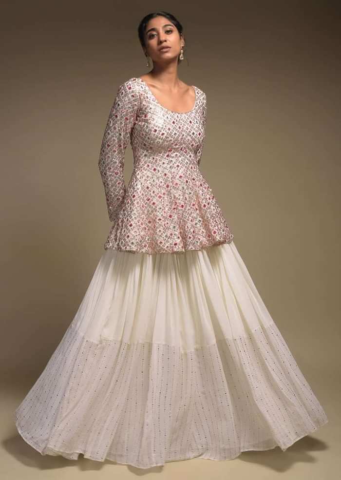 Pearl White Skirt And Peplum Top With Colorful Resham And Abla Embroidery