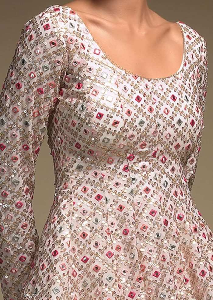 Pearl White Skirt And Peplum Top With Colorful Resham And Abla Embroidery