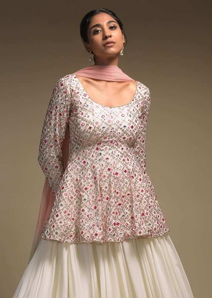 Pearl White Skirt And Peplum Top With Colorful Resham And Abla Embroidery