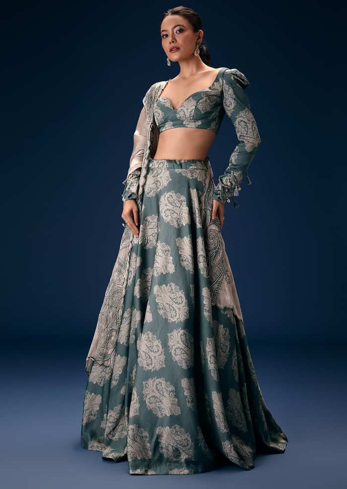 Pearl Blue Printed Lehenga Set With Embroidered Oyster Organza Dupatta