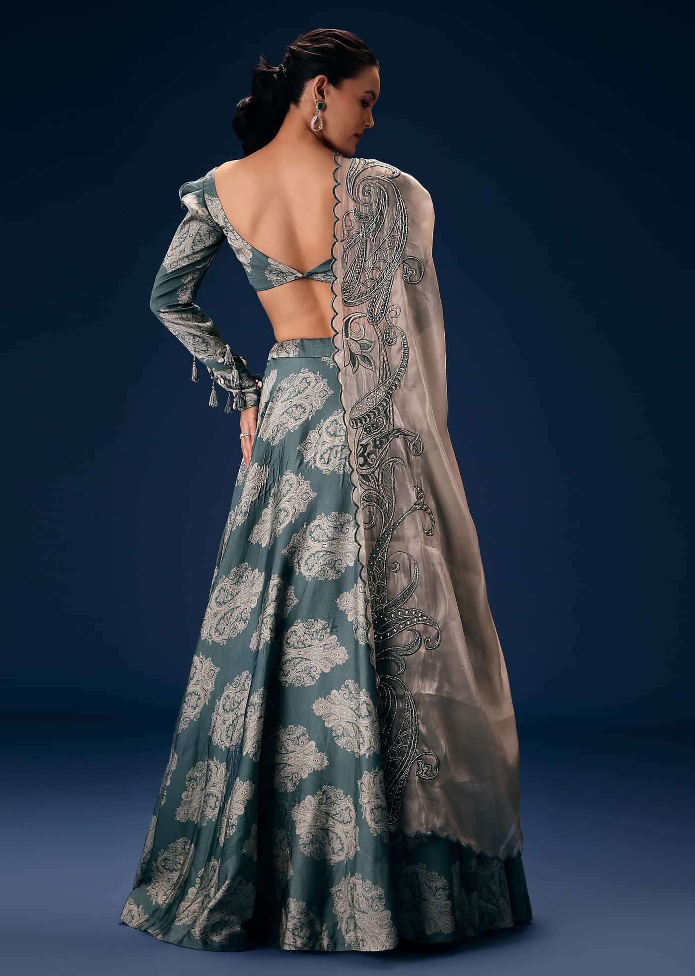 Pearl Blue Printed Lehenga Set With Embroidered Oyster Organza Dupatta