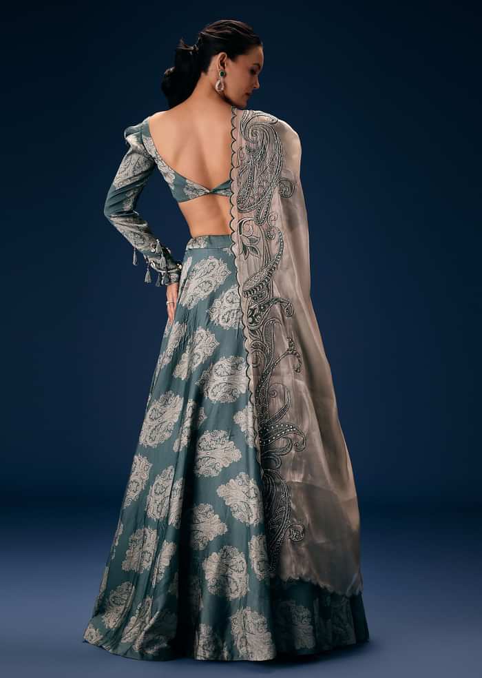 Pearl Blue Printed Lehenga Set With Embroidered Oyster Organza Dupatta