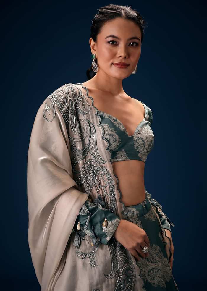 Pearl Blue Printed Lehenga Set With Embroidered Oyster Organza Dupatta
