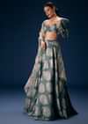 Pearl Blue Printed Lehenga Set With Embroidered Oyster Organza Dupatta