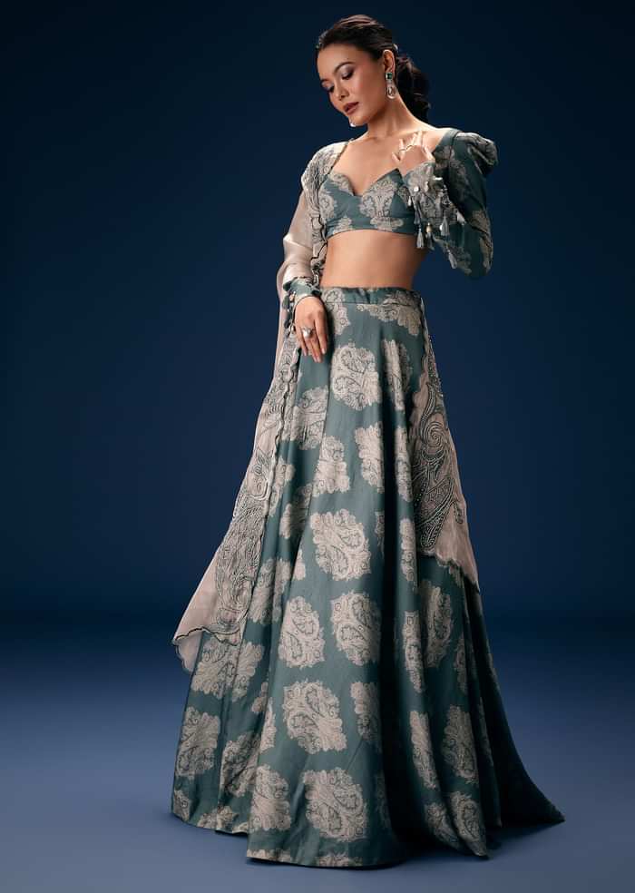 Pearl Blue Printed Lehenga Set With Embroidered Oyster Organza Dupatta