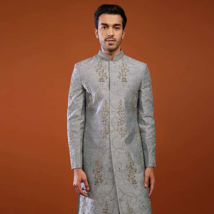 Silver Grey Thread Embroidered Raw Silk Sherwani Set