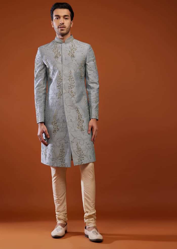 Silver Grey Thread Embroidered Raw Silk Sherwani Set
