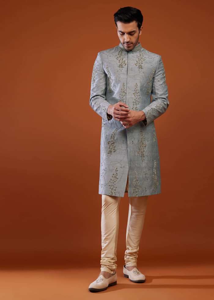 Silver Grey Thread Embroidered Raw Silk Sherwani Set