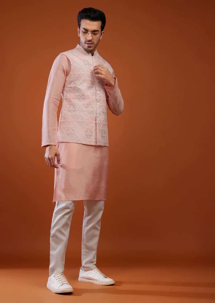 Powder Pink Embroidered Bandi Jacket Set In Silk