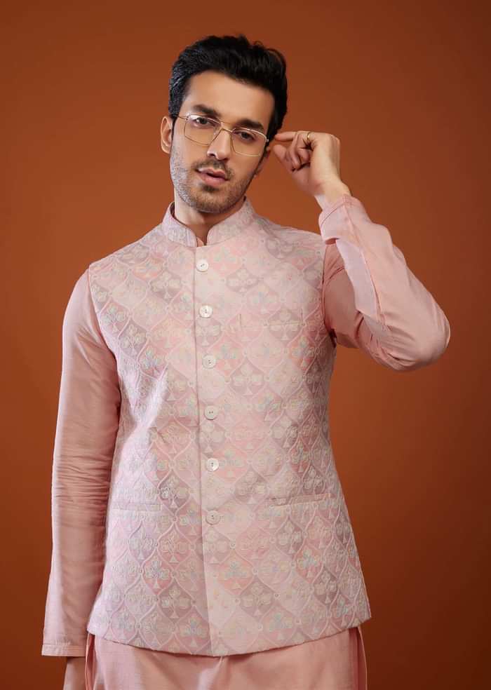Powder Pink Embroidered Bandi Jacket Set In Silk
